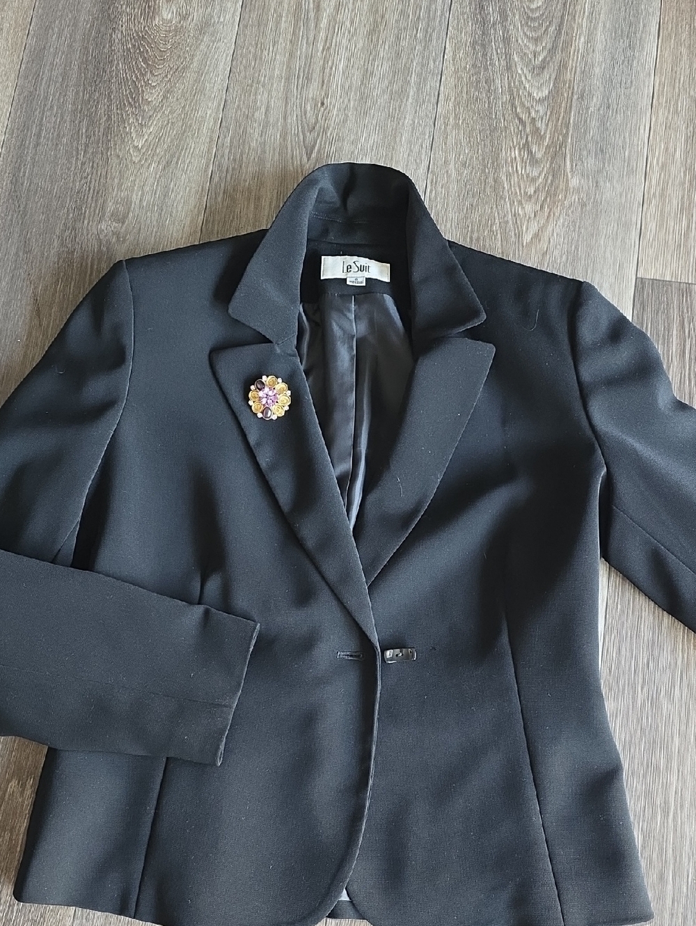 Le Suit Black Blazer with Gold and Purple Floral Brooch